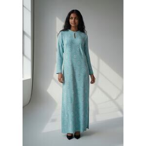 Vintage Bespoke 60s 70s Mod Maxi Dress Blue Geometric Handmade S M Groovy